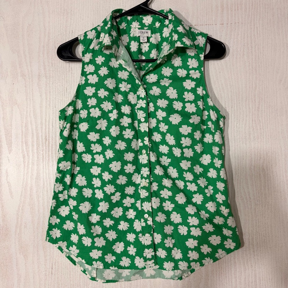 J.Crew Sleeveless Button Down Women S Green Floral Daisy Print Top
